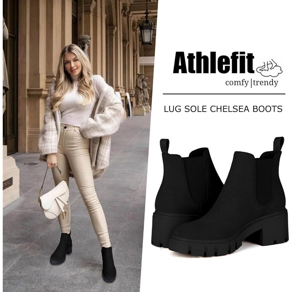 Athlefit Women's Black Suede  Lug Sole Chunky Heel Slip on Chelsea Boot - Picture 2 of 6